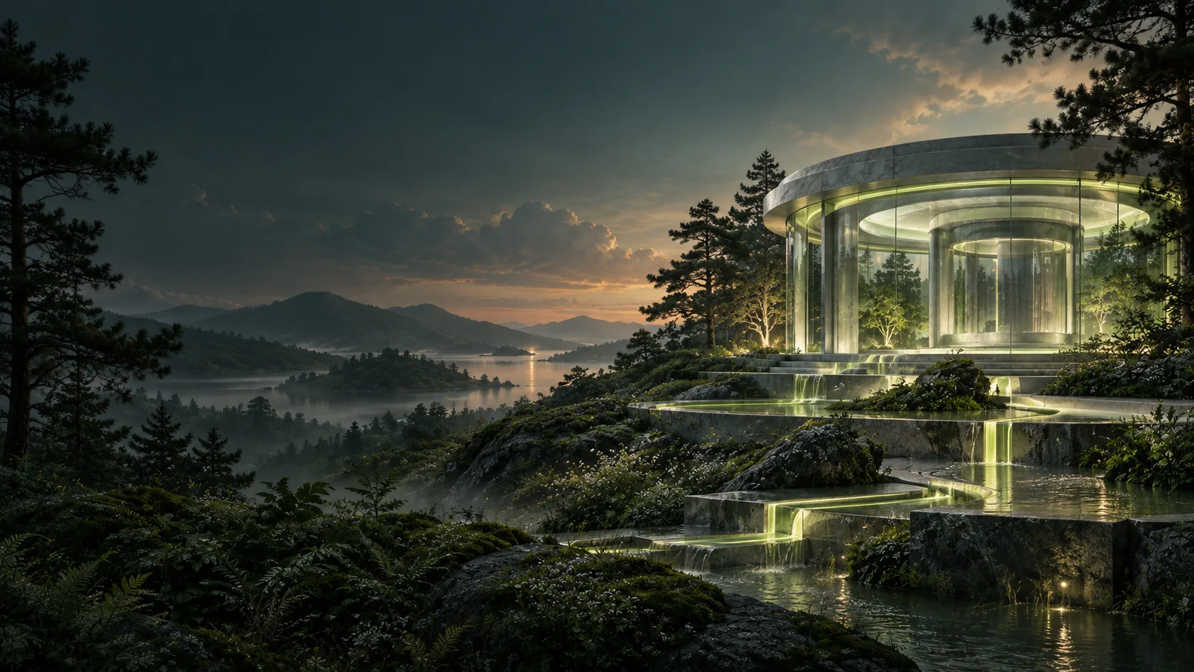 A glass vault set into a green hillside